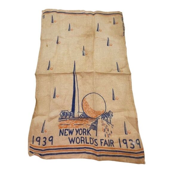 Vintage 1939 New York Worlds Fair Banner Tea Towel Pure Imported Linen E.B. Rare - Picture 1 of 12